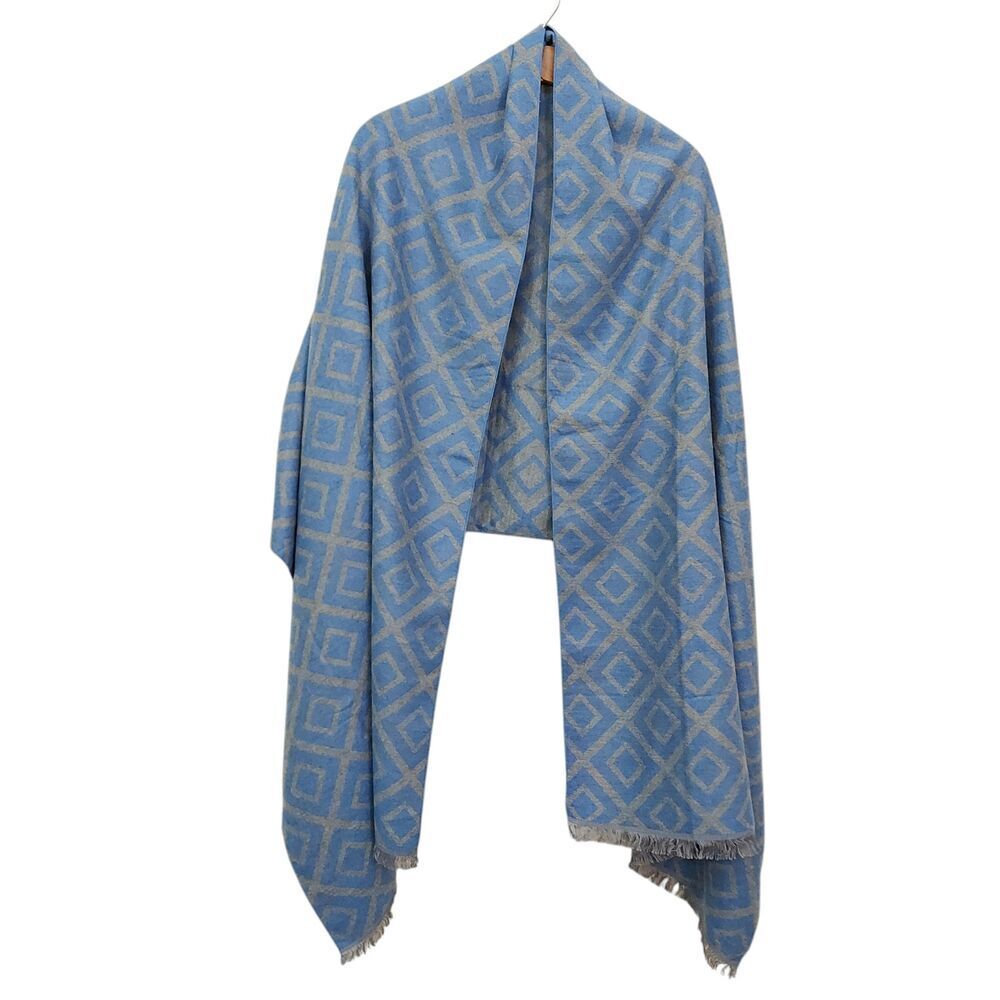 Miniso Life Diamond Plaid Fringed Scarf Wrap Womens Blue Gray Soft Casual